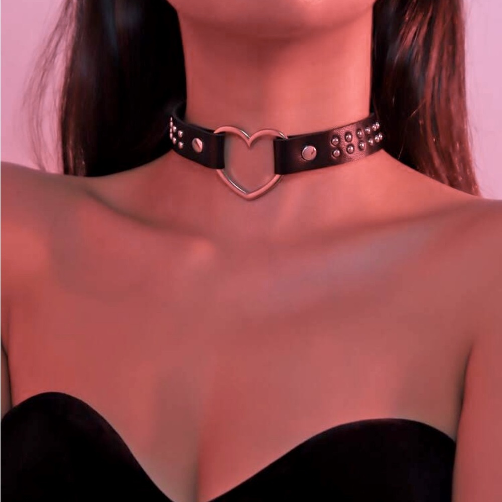 Black Faux Leather Heart Chocker, Faux Leather Chocker Necklace, Biker Gifts